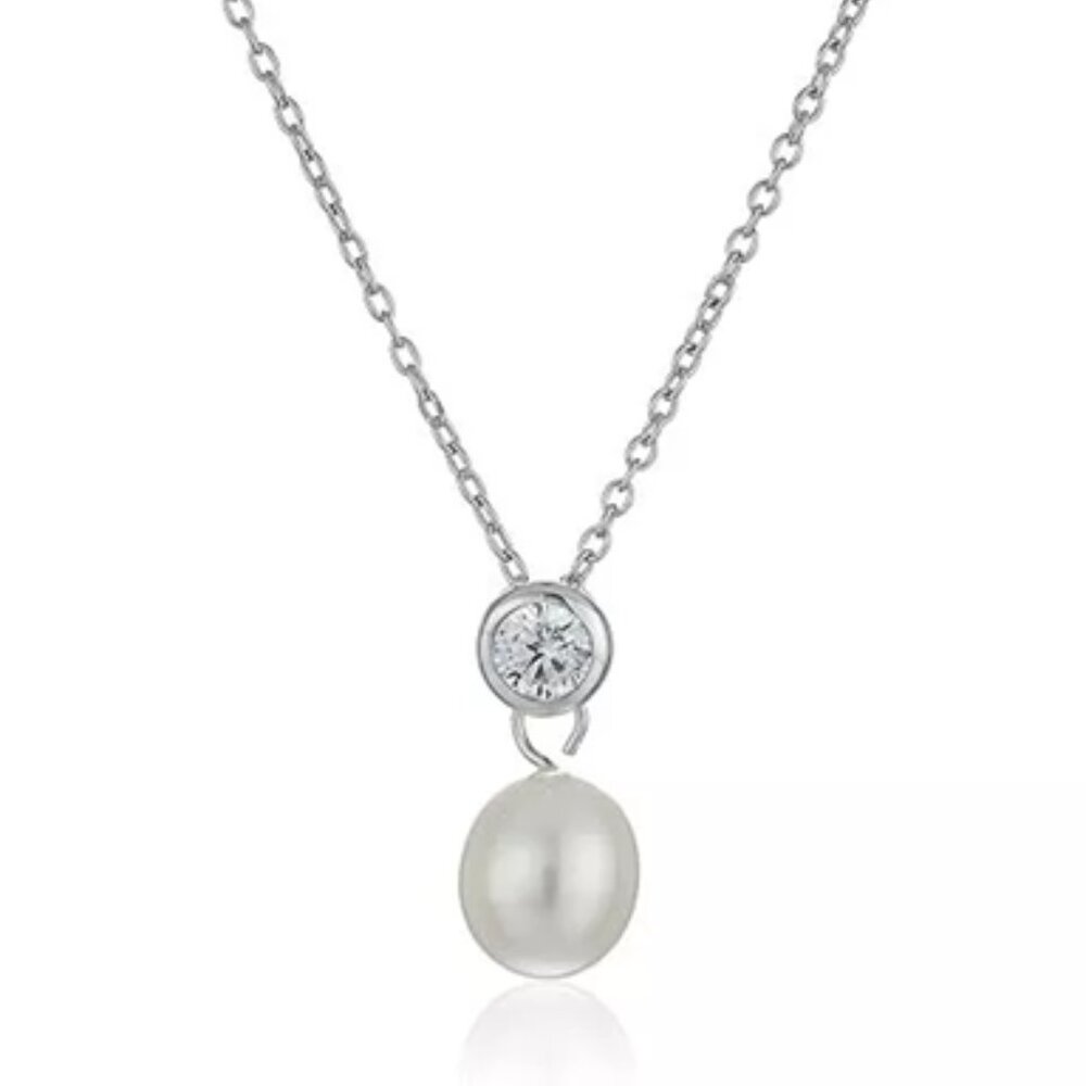 Bella Pearl Cubic Zirconia Bezel Pearl Pendant Sterling Silver Necklace